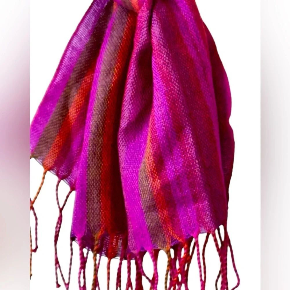 Pure Alpaca Baby Alpaca Scarf and Silk Woven Purple Stripe Fringe 12 x 34 Inches